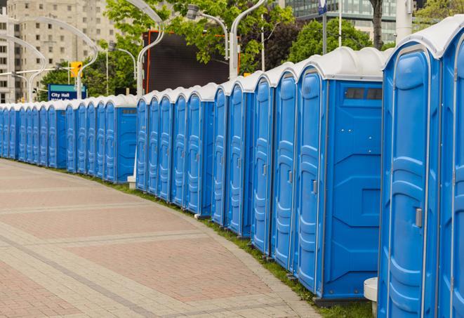 hygienic portable restrooms lined up at a beach party, ensuring guests have access to the necessary facilities while enjoying the sun and sand in Comstock, MI